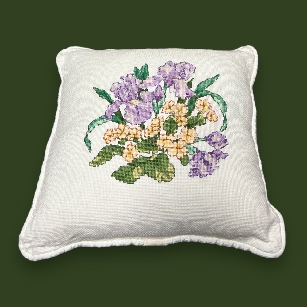 Vintage Needlepoint Pillow Case and Pillow Orchid Floral 13 x 13 Accent Pillow